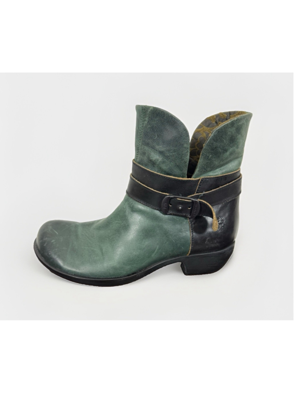 Fly London Main736fly Ankle Bootie Sz 41/10-10.5 Green Leather Distressed Boho